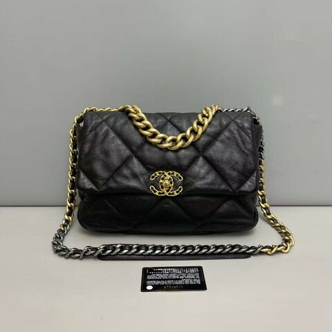 Chanel 19Bag中號黑金全皮菱格紋斜背包