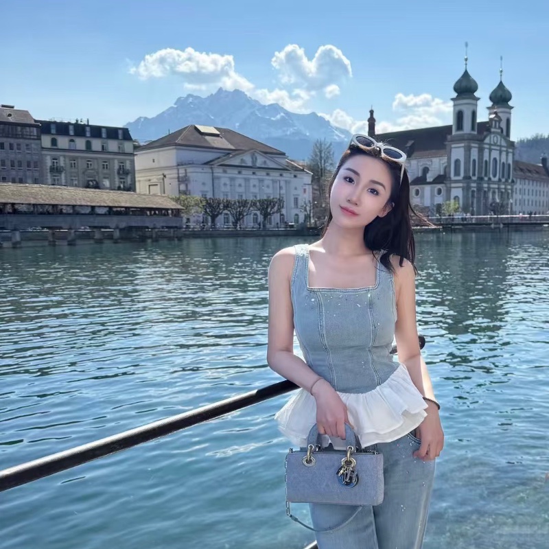 DIOR D-Joy橫版中號藍色牛仔黛妃手提斜背包26*13.5*5 98新配件塵袋-0