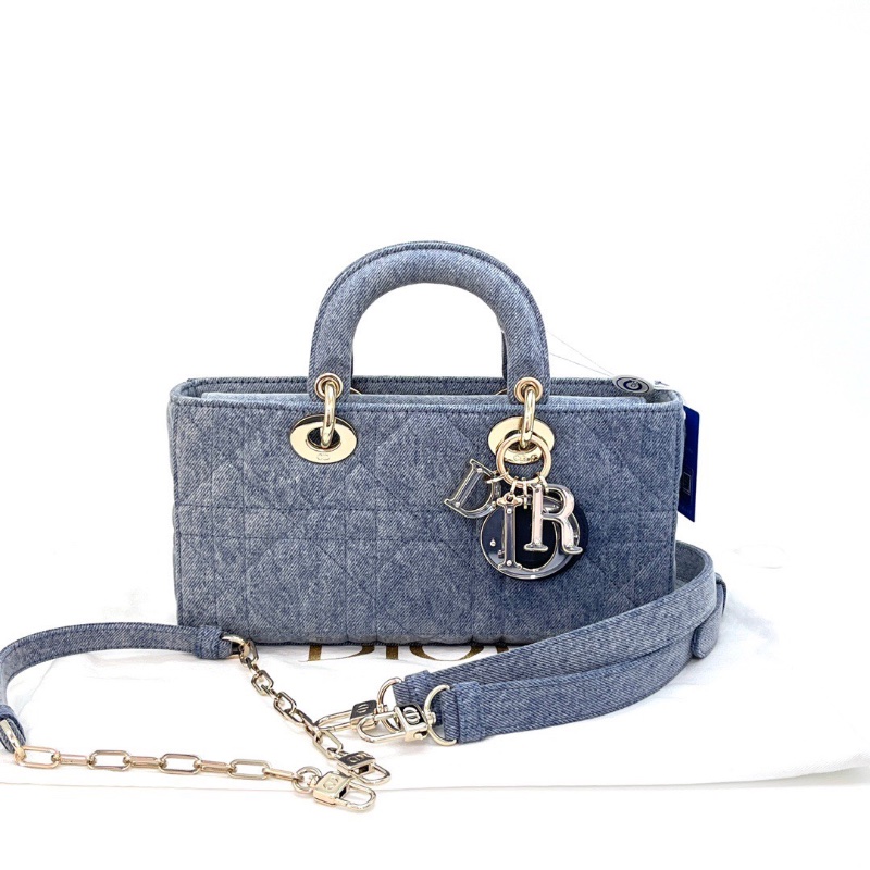 DIOR D-Joy橫版中號藍色牛仔黛妃手提斜背包26*13.5*5 98新配件塵袋-1