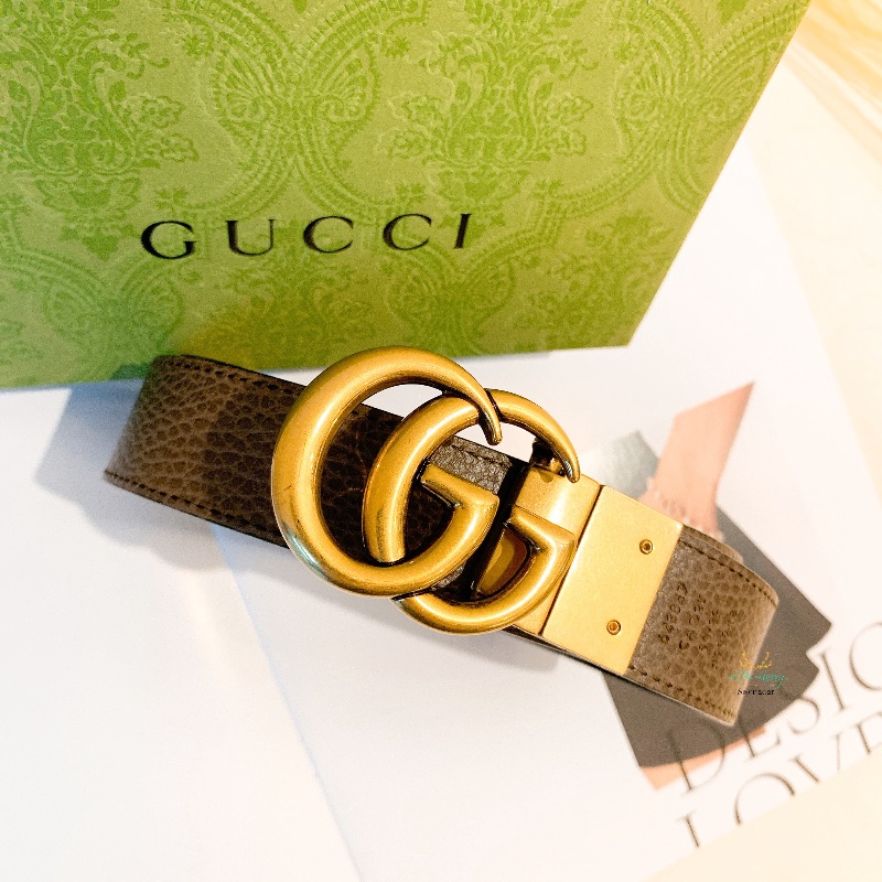 GUCCI 643847 GG Marmont 復古金頭 雙Ｇ 棕色ｘ黑色 雙面皮帶 腰帶 80公分-1