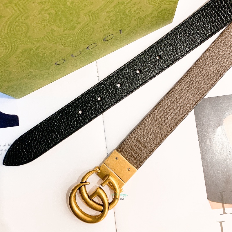 GUCCI 643847 GG Marmont 復古金頭 雙Ｇ 棕色ｘ黑色 雙面皮帶 腰帶 80公分-5