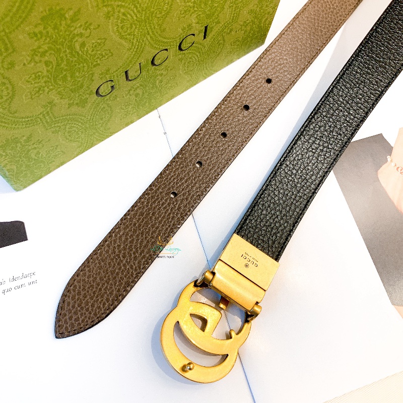 GUCCI 643847 GG Marmont 復古金頭 雙Ｇ 棕色ｘ黑色 雙面皮帶 腰帶 80公分-6