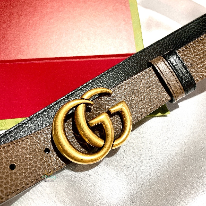 GUCCI 643847 GG Marmont 復古金頭 雙Ｇ 棕色ｘ黑色 雙面皮帶 腰帶 80公分-7