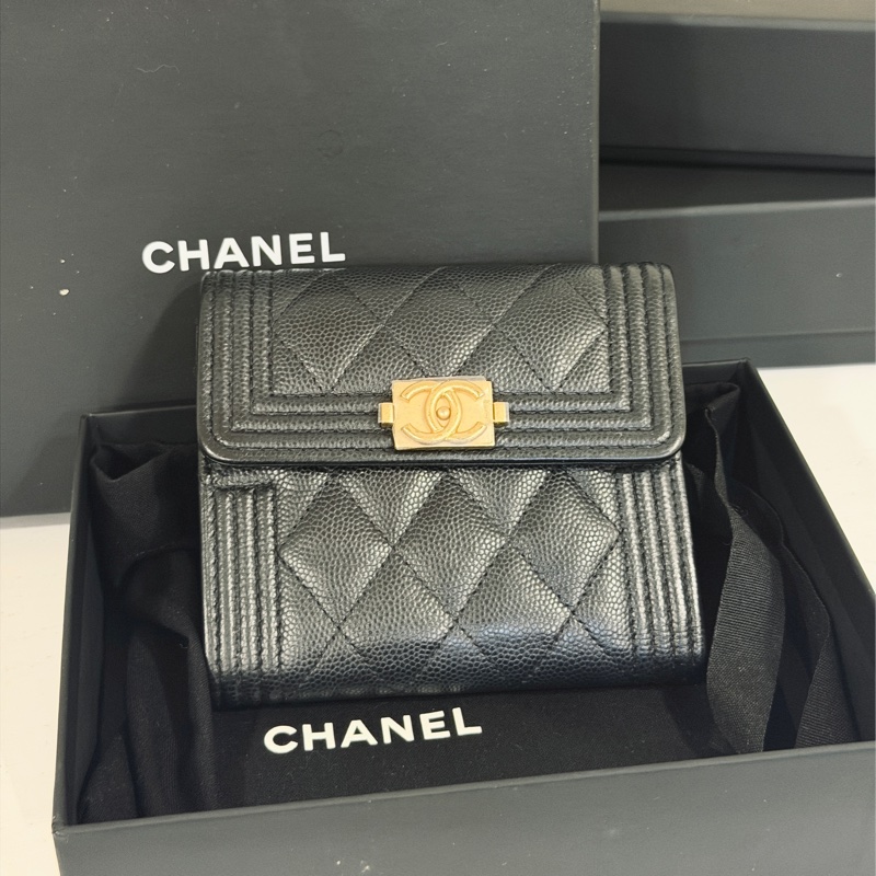 #全新閒置 #荔枝皮 香奈兒黑金Leboy 三折短夾🈶零錢袋-0