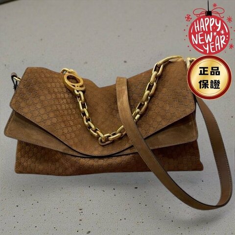 🎊新年特賣🧧Gucci 857362 雙層結構 GG 壓紋麂皮大號鏈條肩背包 棕色