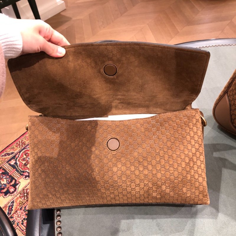 🎊新年特賣🧧Gucci 857362 雙層結構 GG 壓紋麂皮大號鏈條肩背包 棕色-4