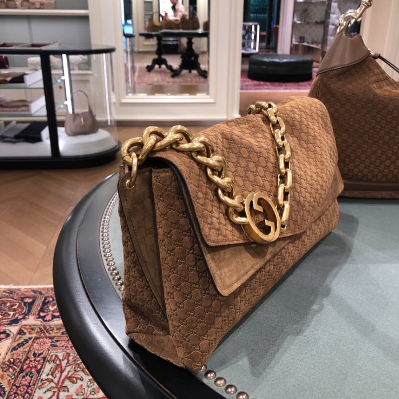 🎊新年特賣🧧Gucci 857362 雙層結構 GG 壓紋麂皮大號鏈條肩背包 棕色-6