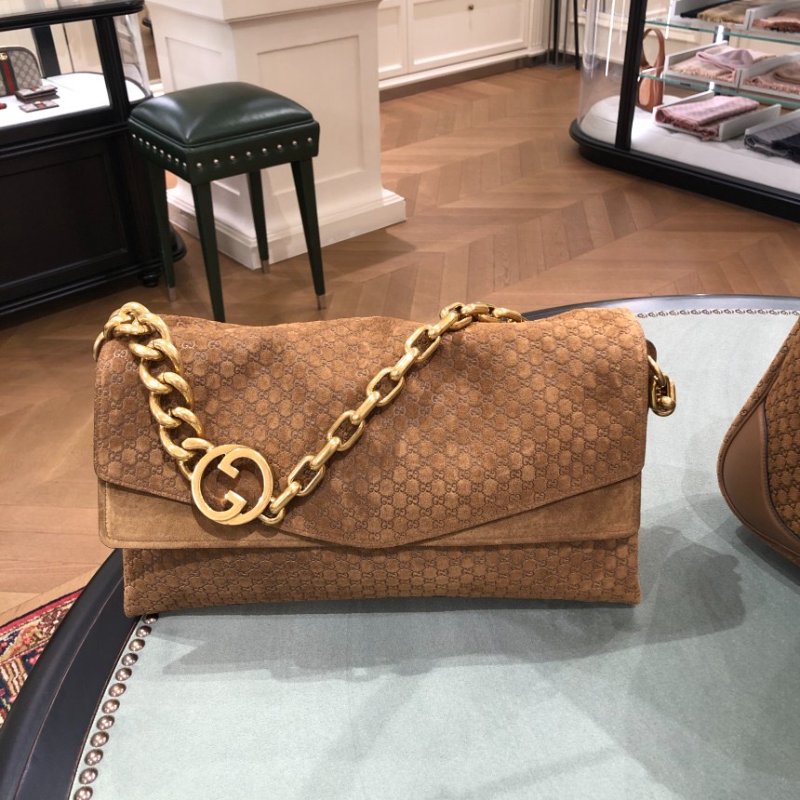🎊新年特賣🧧Gucci 857362 雙層結構 GG 壓紋麂皮大號鏈條肩背包 棕色-7