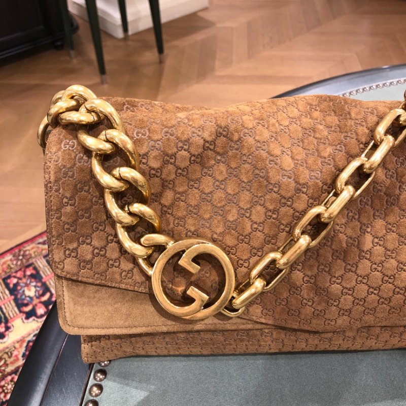 🎊新年特賣🧧Gucci 857362 雙層結構 GG 壓紋麂皮大號鏈條肩背包 棕色-8