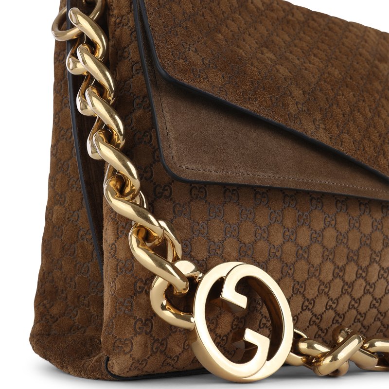 🎊新年特賣🧧Gucci 857362 雙層結構 GG 壓紋麂皮大號鏈條肩背包 棕色-14