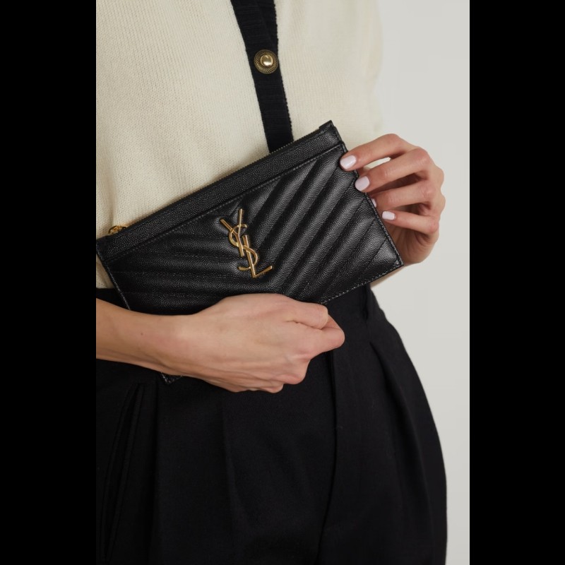 Saint Laurent黑色皮革山形紋拉鍊手拿包-0