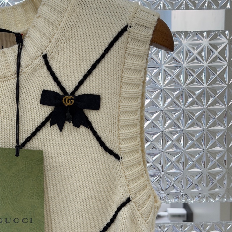 全新帶吊牌GUCCI 古馳款蝴蝶結棉質針織連衣裙白色S碼-2