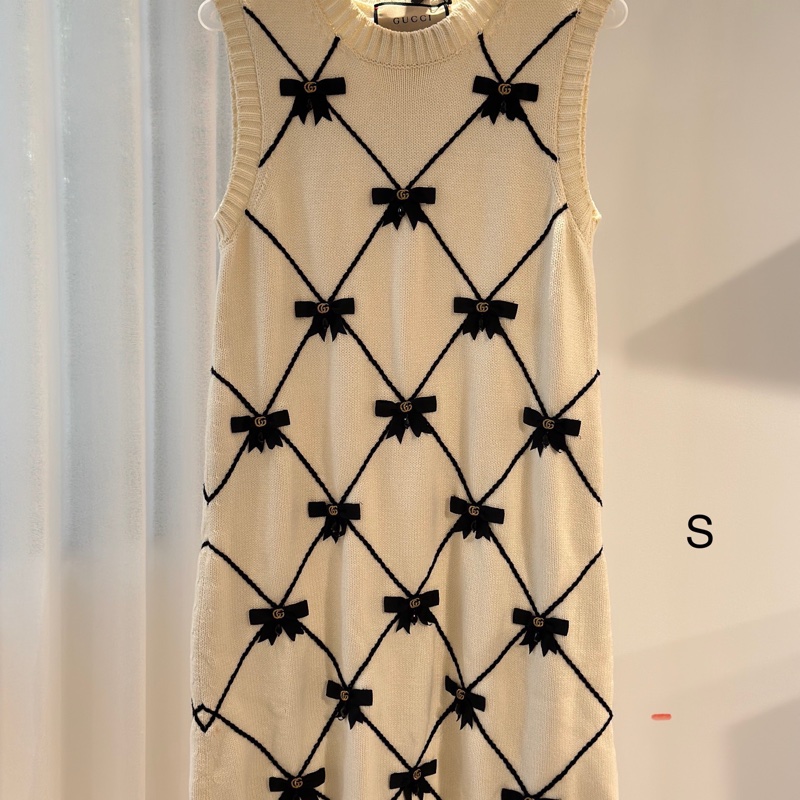 全新帶吊牌GUCCI 古馳款蝴蝶結棉質針織連衣裙白色S碼-8