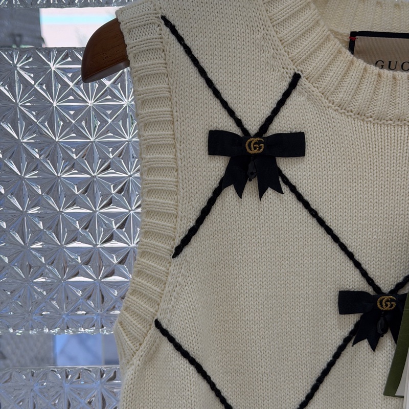 全新帶吊牌GUCCI 古馳款蝴蝶結棉質針織連衣裙白色S碼-12