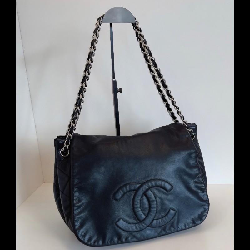 CHANEL 98新2way單肩側背/流浪背/浮雕雙C銀色皮穿鏈機場包-8