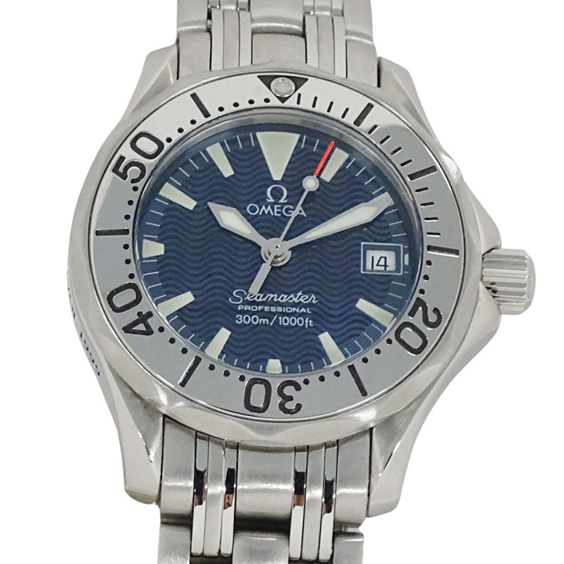 歐米茄海馬系列 2584.80 女士腕錶，300 公尺防水，雅克馬約爾日期顯示，石英機芯，QZ 不銹鋼錶殼，銀色海軍藍錶盤，拋光處理-1