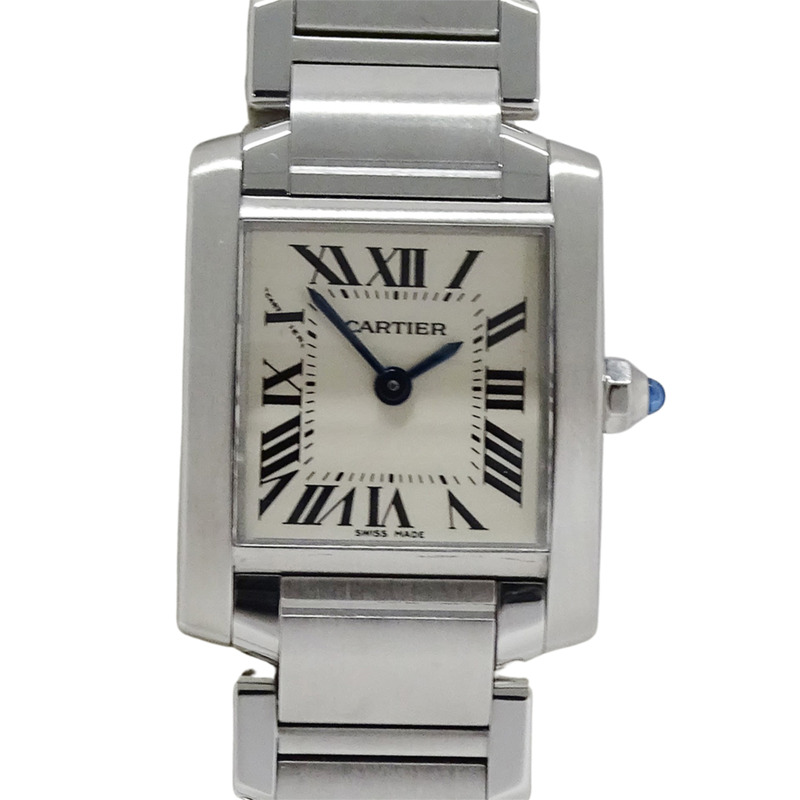卡地亞 Tank Française 女士腕錶，SM 石英機芯，QZ 不鏽鋼錶殼，型號 W51008Q3，銀色/象牙色錶盤，拋光處理-1