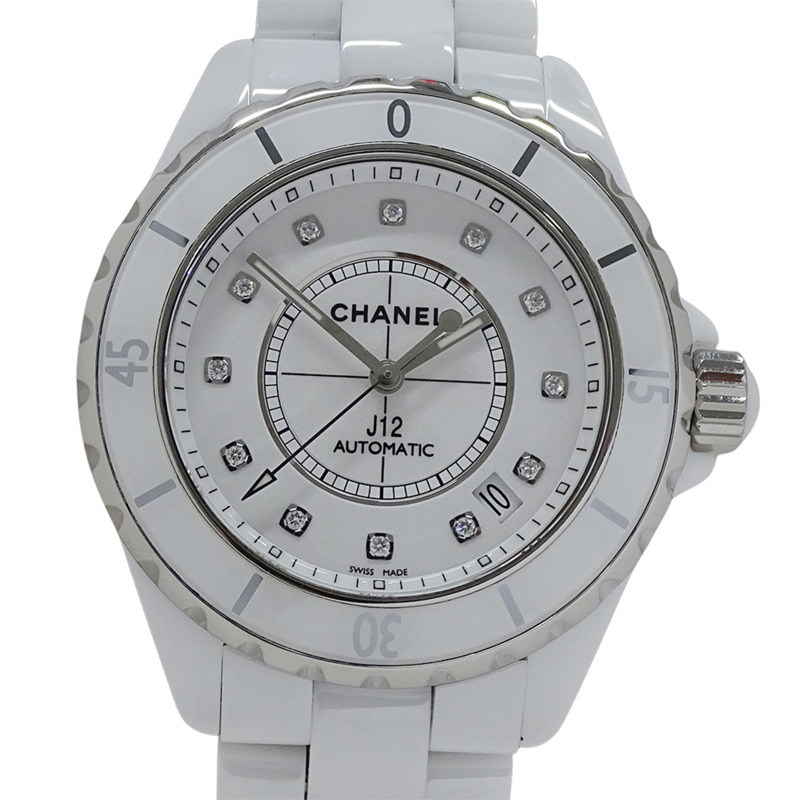 香奈兒男士 J12 12P 鑲鑽日期自動腕錶，不鏽鋼錶殼搭配白色陶瓷機芯 (H1629)，拋光處理-1