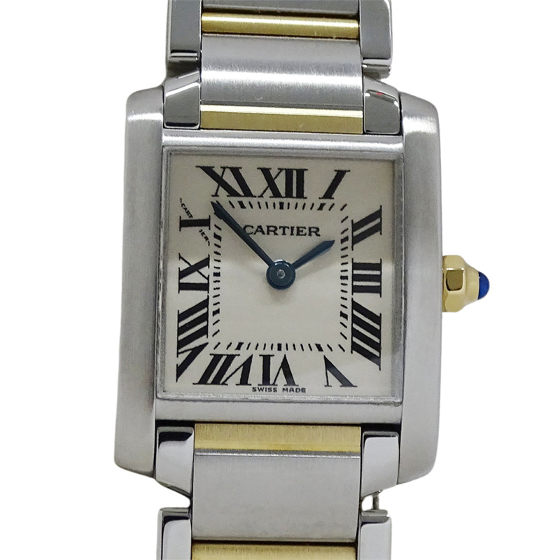 卡地亞 Tank Française 女士腕錶，SM，石英，QZ，不鏽鋼，黃金和黃色 W51007Q4，拋光-1