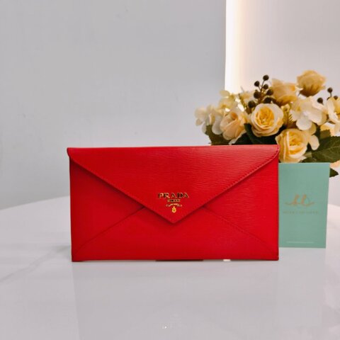 MS0501 Prada 普拉達 信封 水波紋 樹皮紋 紅色 金扣  Envelope Vitello Move Red x GHW