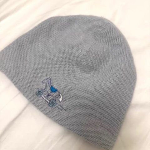 9.9 成新 Hermès 愛馬仕 嬰兒喀什米爾針織帽 灰藍色 小馬車刺繡｜保暖親膚