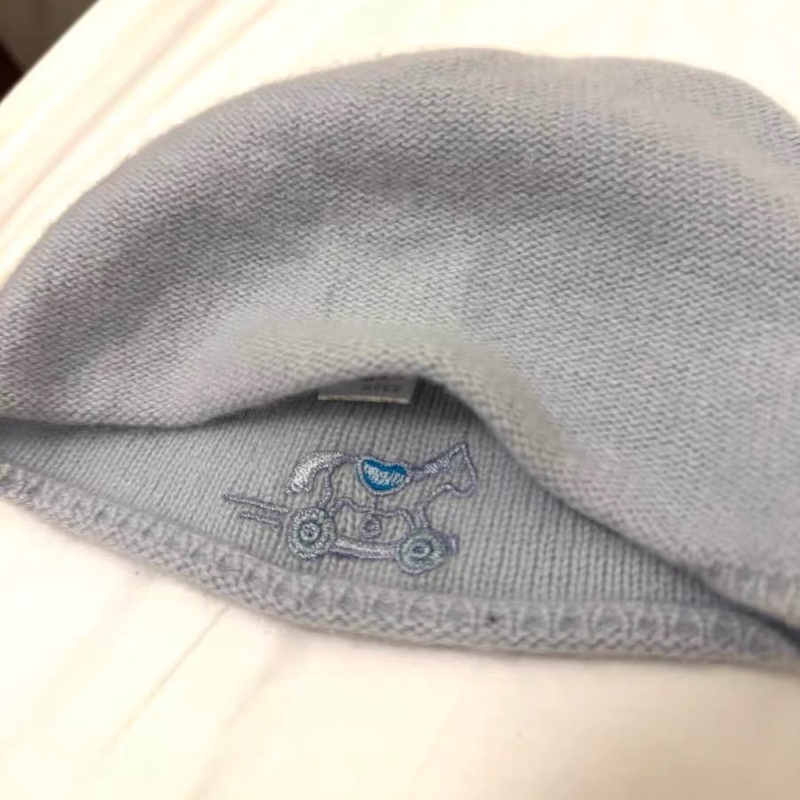 9.9 成新 Hermès 愛馬仕 嬰兒喀什米爾針織帽 灰藍色 小馬車刺繡｜保暖親膚-2