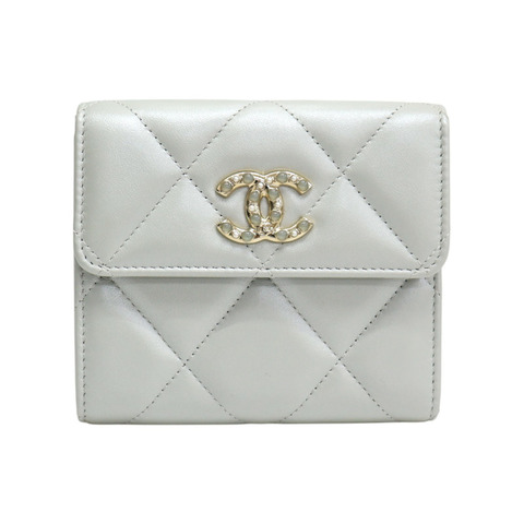 銀色 菱格紋 羊皮 扣式 短夾【CHANEL 香奈兒】