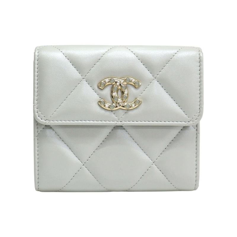 銀色 菱格紋 羊皮 扣式 短夾【CHANEL 香奈兒】-0