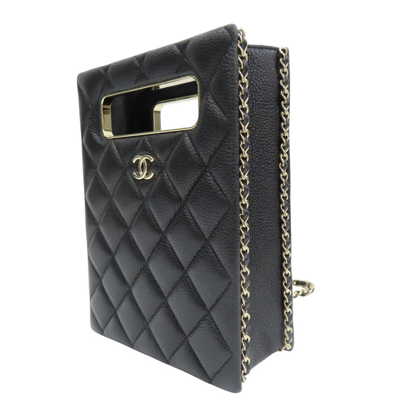黑色 菱格紋 荔枝牛皮 鍊帶 肩背包 淡金釦【CHANEL 香奈兒】 AS3314-2