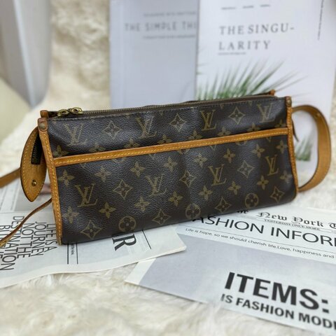 LV Popincourt 棕色 老花 塗層帆布拼牛皮 三角金球 斜挎包