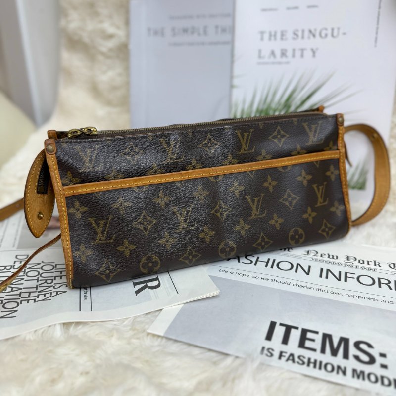 LV Popincourt 棕色 老花 塗層帆布拼牛皮 三角金球 斜挎包-0