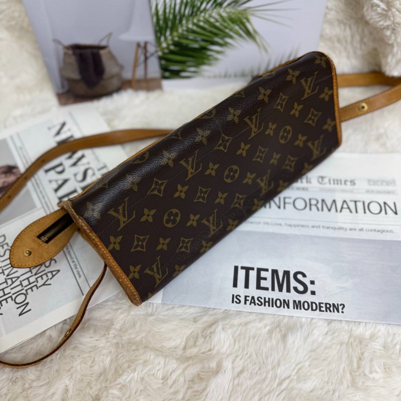 LV Popincourt 棕色 老花 塗層帆布拼牛皮 三角金球 斜挎包-2