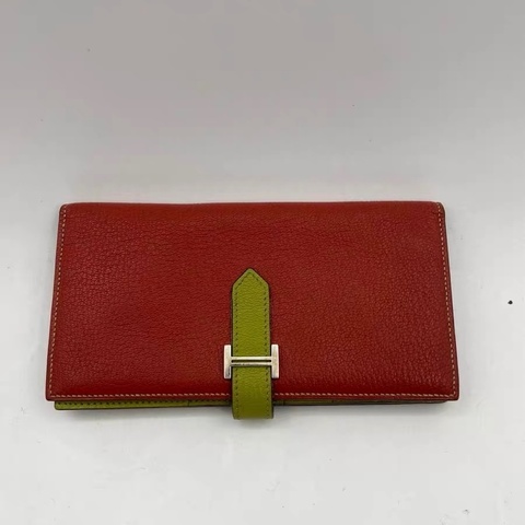 9.5成新 Hermès 愛馬仕 Béarn 長夾 M刻 撞色紅×青草綠 H扣 銀扣 拉鍊零錢層