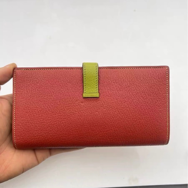 9.5成新 Hermès 愛馬仕 Béarn 長夾 M刻 撞色紅×青草綠 H扣 銀扣 拉鍊零錢層-2