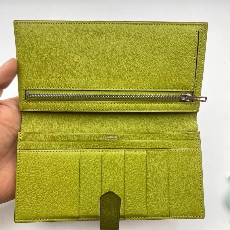 9.5成新 Hermès 愛馬仕 Béarn 長夾 M刻 撞色紅×青草綠 H扣 銀扣 拉鍊零錢層-3
