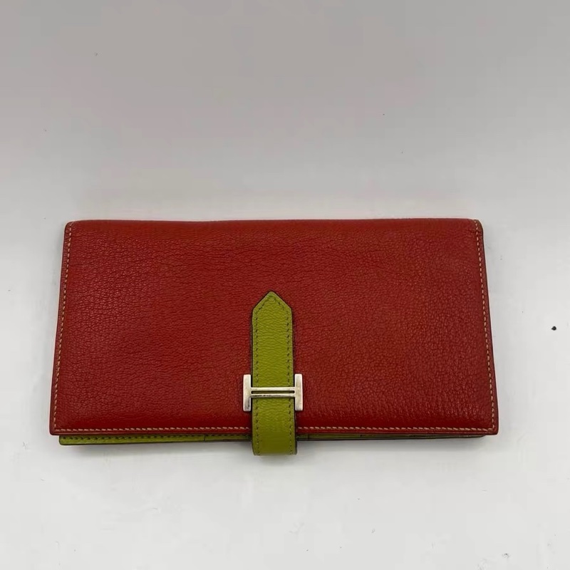 9.5成新 Hermès 愛馬仕 Béarn 長夾 M刻 撞色紅×青草綠 H扣 銀扣 拉鍊零錢層-4