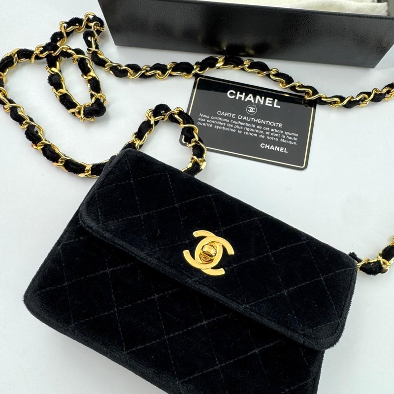 Chanel Vintage Velvet Black Mini Matelasse Single Flap Bag with Gold Hardware-1