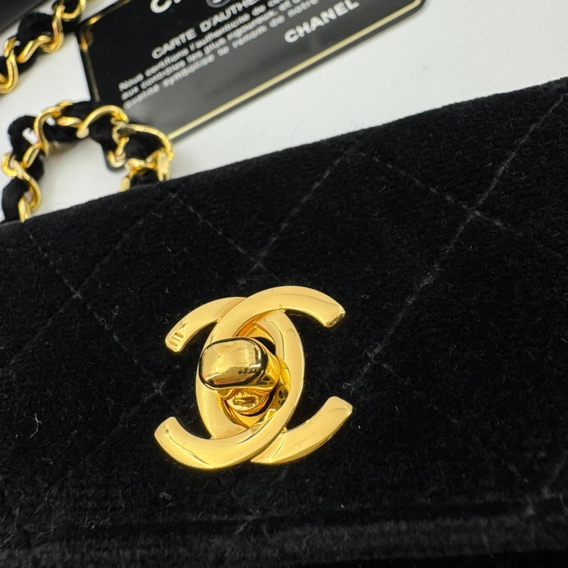 Chanel Vintage Velvet Black Mini Matelasse Single Flap Bag with Gold Hardware-2