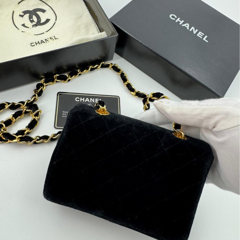 Chanel Vintage Velvet Black Mini Matelasse Single Flap Bag with Gold Hardware-3