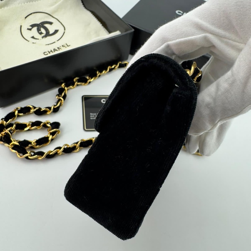 Chanel Vintage Velvet Black Mini Matelasse Single Flap Bag with Gold Hardware-4