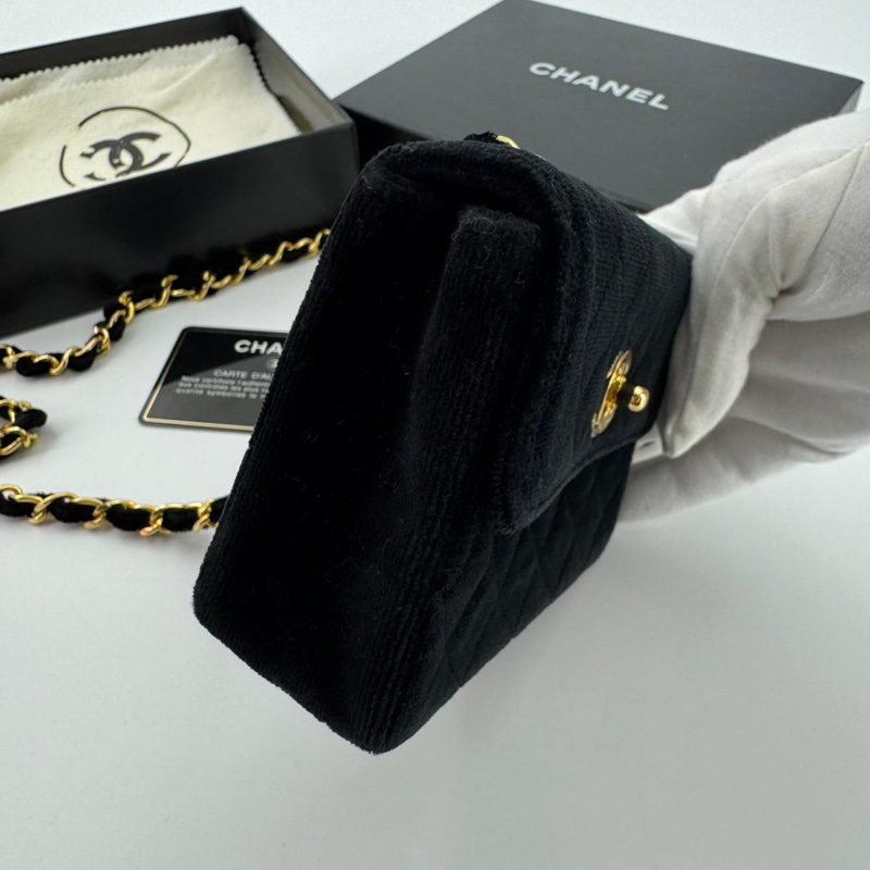 Chanel Vintage Velvet Black Mini Matelasse Single Flap Bag with Gold Hardware-5