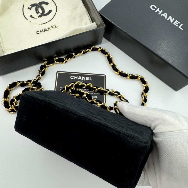 Chanel Vintage Velvet Black Mini Matelasse Single Flap Bag with Gold Hardware-6