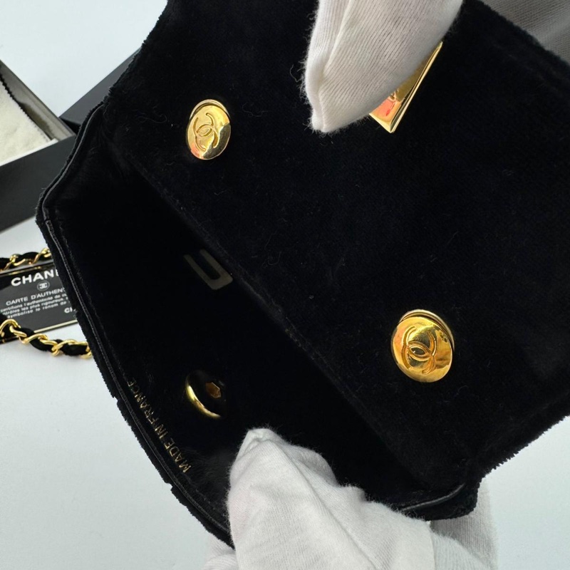 Chanel Vintage Velvet Black Mini Matelasse Single Flap Bag with Gold Hardware-10