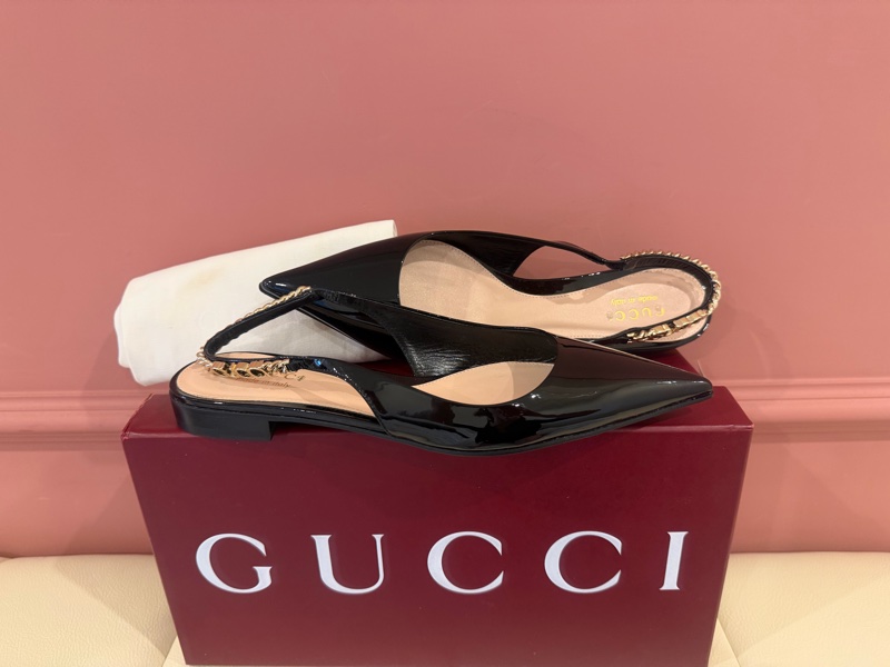 【私藏出清】正品經典🖤Gucci 漆皮金屬鍊帶露跟鞋✨ (Slingback Pumps)-0