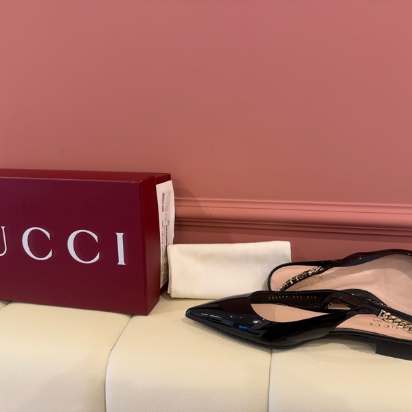 【私藏出清】正品經典🖤Gucci 漆皮金屬鍊帶露跟鞋✨ (Slingback Pumps)-4