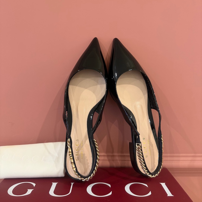 【私藏出清】正品經典🖤Gucci 漆皮金屬鍊帶露跟鞋✨ (Slingback Pumps)-10