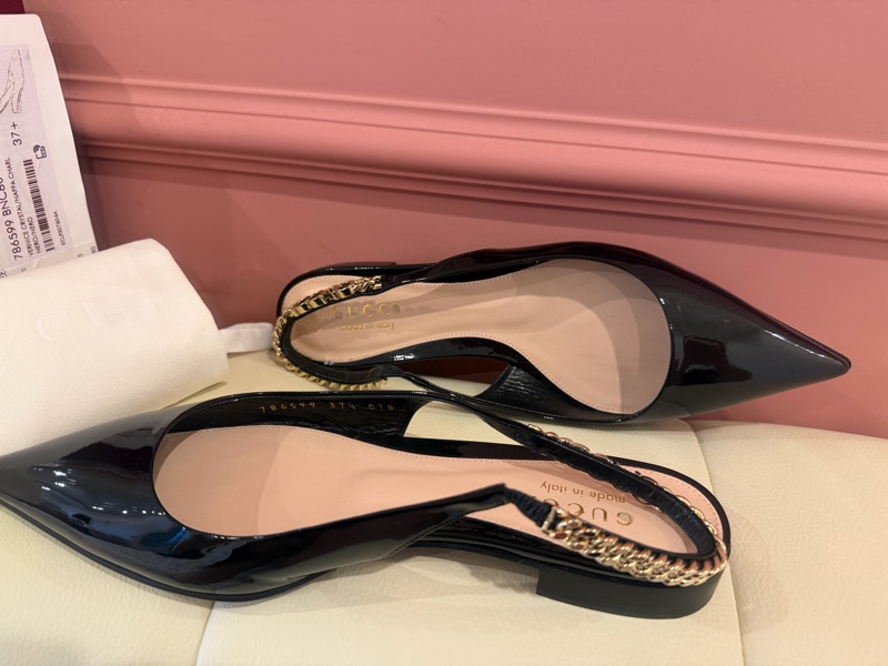 【私藏出清】正品經典🖤Gucci 漆皮金屬鍊帶露跟鞋✨ (Slingback Pumps)-12