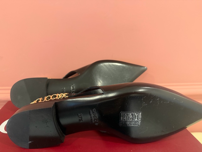 【私藏出清】正品經典🖤Gucci 漆皮金屬鍊帶露跟鞋✨ (Slingback Pumps)-35