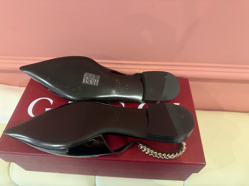 【私藏出清】正品經典🖤Gucci 漆皮金屬鍊帶露跟鞋✨ (Slingback Pumps)-37