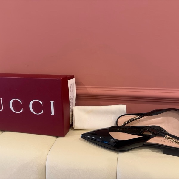 【私藏出清】正品經典🖤Gucci 漆皮金屬鍊帶露跟鞋✨ (Slingback Pumps)-45